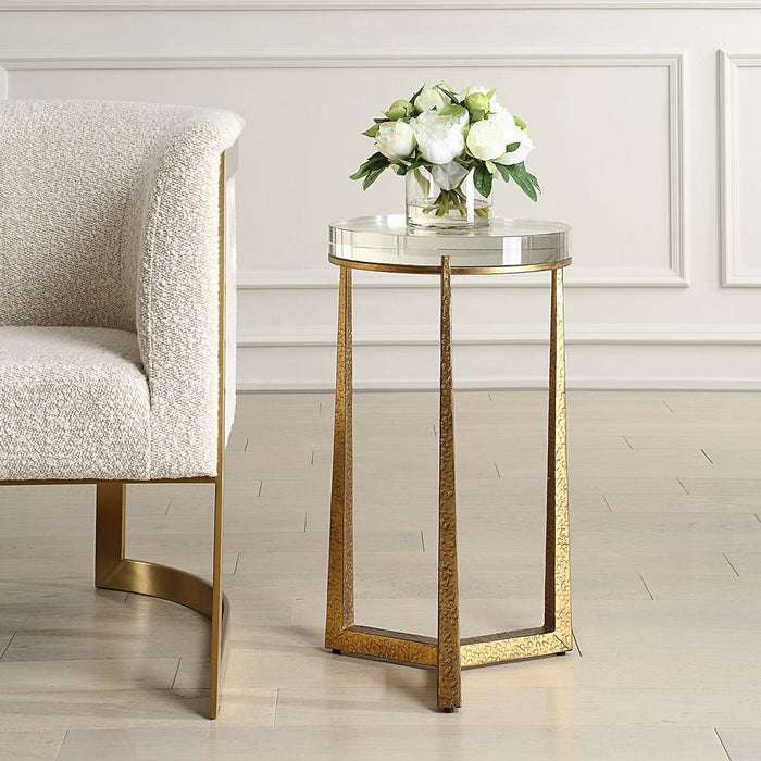 Midas Round Accent Table, Gold - crystal top with gold iron legs