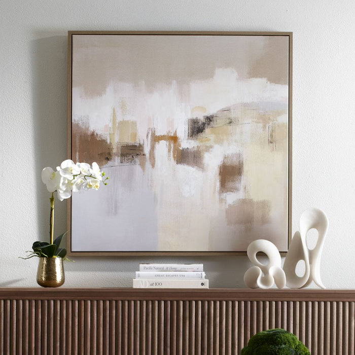 Daybreak Framed Canvas - vertical strokes of beige and brown with light oak gallery frame