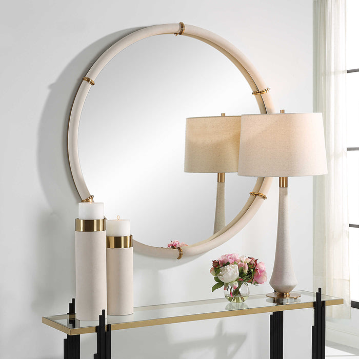 Leather and Brass Round Mirror