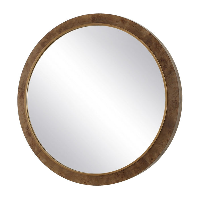 Cleveland Round Mirror - burl veneer frame with antique gold iron inner ledge