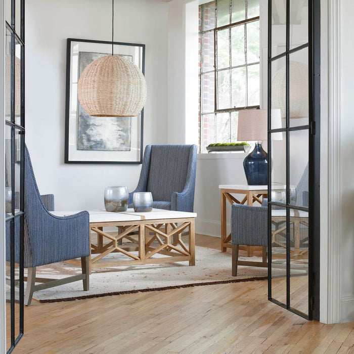 Catali Coffee Table - mixed woods with ivory limestone top