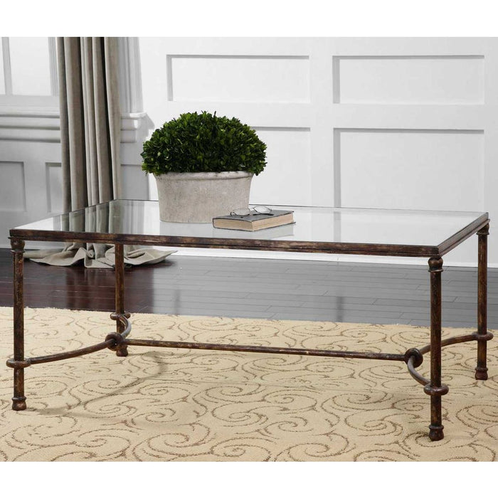 Warring Coffee Table - forged iron in rustic bronze with glass top