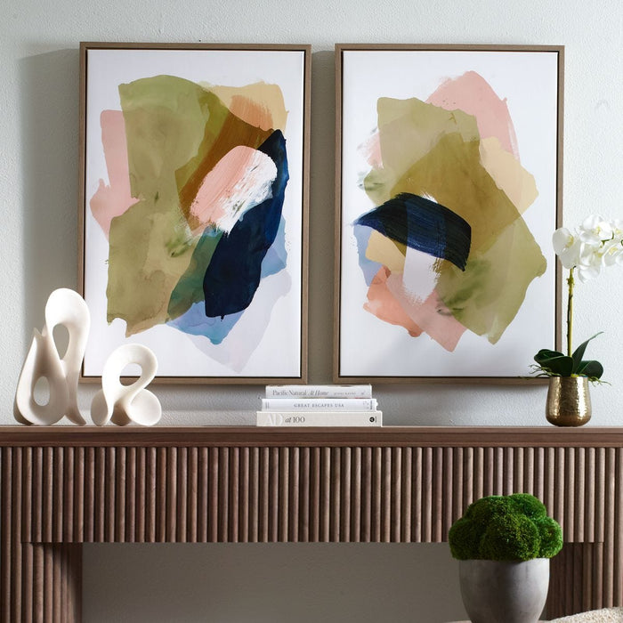 Abstract Afternoon Framed Canvases, S/2 - organic shapes in blue, olive green, and salmon with light oak frame