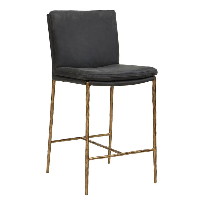 Ascend Counter Stool Charcoal - distressed top grain leather seat with aged gold iron base
