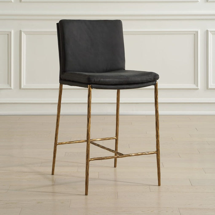 Ascend Counter Stool Charcoal - distressed top grain leather seat with aged gold iron base