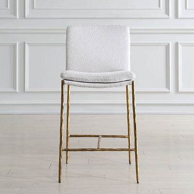 Ascend Counter Stool White - white boucle upholstery with aged gold iron base