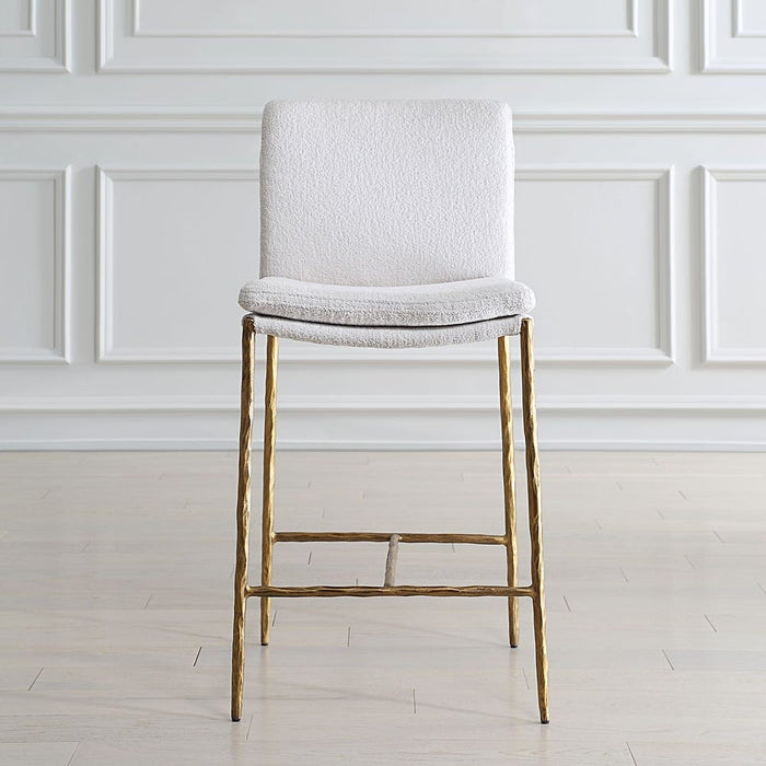 Ascend Counter Stool White - white boucle upholstery with aged gold iron base