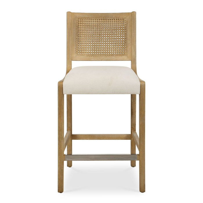Interweave Counter Stool - light oak wood with rattan caned back and frost polyester seat