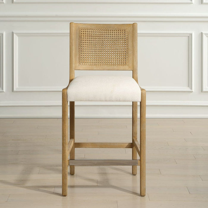 Interweave Counter Stool - light oak wood with rattan caned back and frost polyester seat