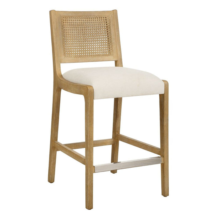 Interweave Counter Stool - light oak wood with rattan caned back and frost polyester seat