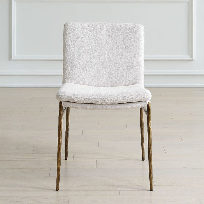 Ascend Dining Chair - white boucle upholstery with aged gold iron base