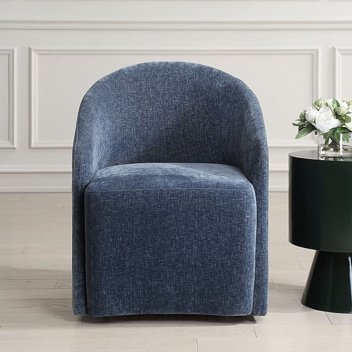 Harbor Dining Chair Blue - barrel back design with harbor blue polyester velvet and casters