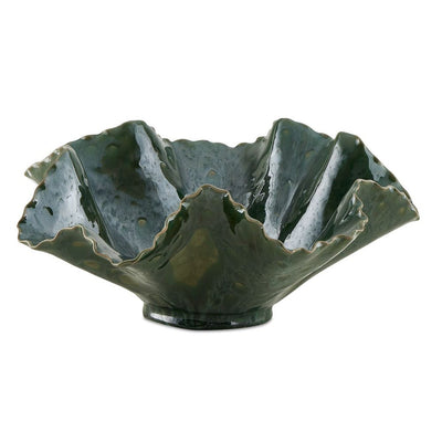 Verdant Bloom Indoor-Outdoor Bowl - glossy emerald ceramic bowl with organic flower-like form
