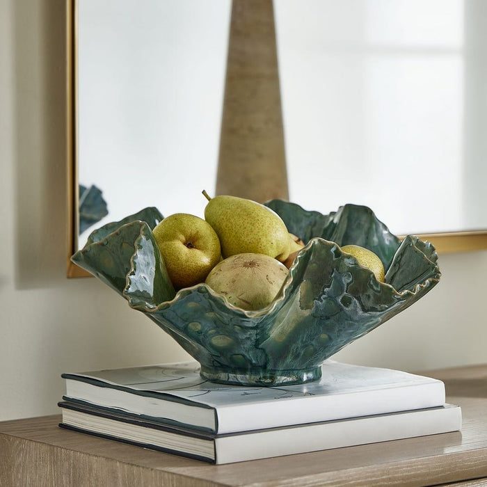 Verdant Bloom Indoor-Outdoor Bowl - glossy emerald ceramic bowl with organic flower-like form