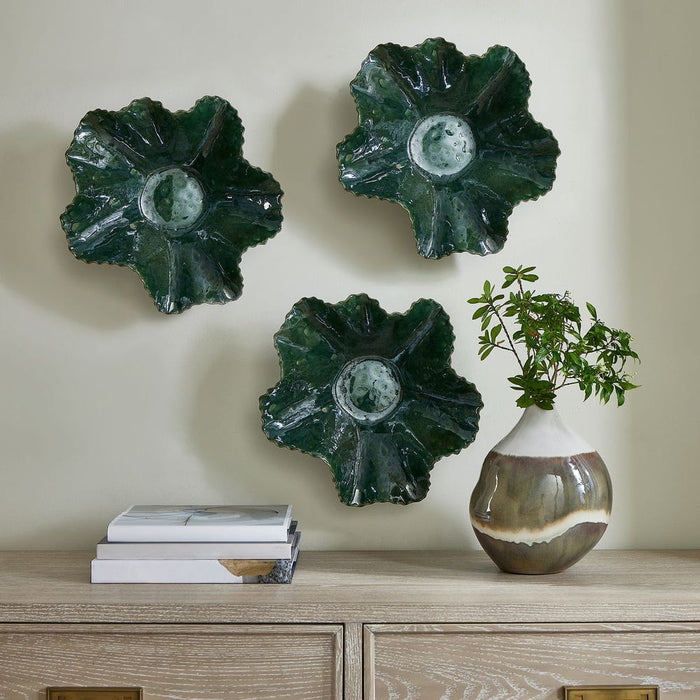 Verdant Bloom Indoor-Outdoor Bowl - glossy emerald ceramic bowl with organic flower-like form