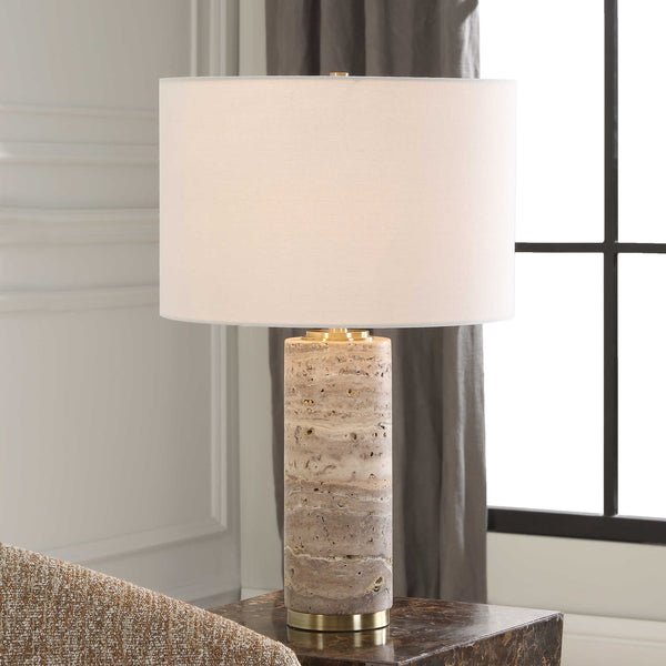 White travertine stone table lamp with brass base - lamps - luxury