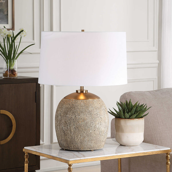 White rustic concrete table lamp with brass base - lamps - rustic modern