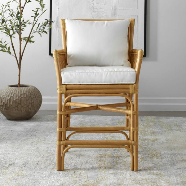 Pacific Counter Stool - natural woven rattan frame with white polyester cushions