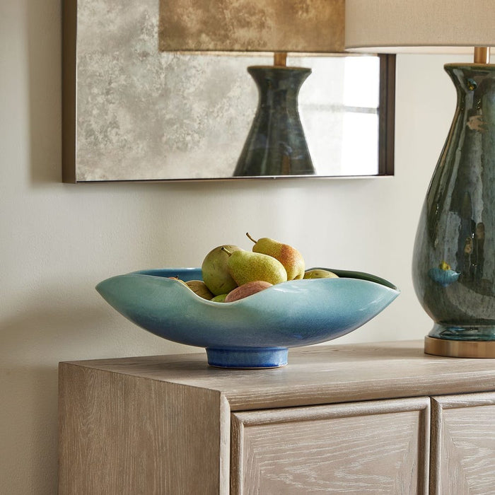 Blue Lagoon Indoor-Outdoor Bowl - handcrafted ceramic bowl with blue-green glaze and organic wavy edges