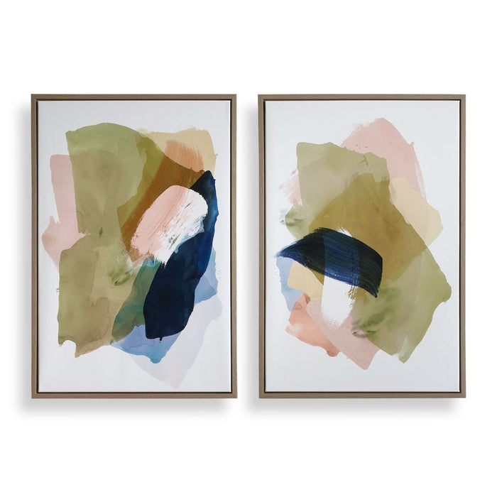 Abstract Afternoon Framed Canvases, S/2 - organic shapes in blue, olive green, and salmon with light oak frame