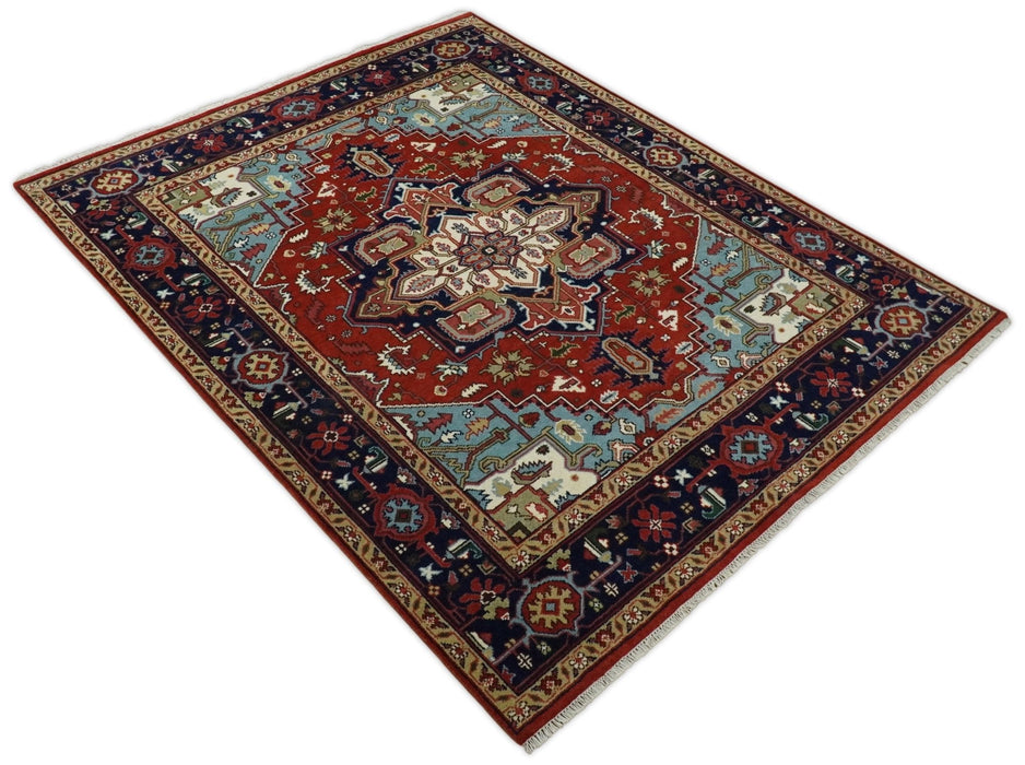3x5, 5x8 and 8x10 Rust and Blue Hand Knotted Traditional Persian Heriz Serapi Rug | TRDCP190