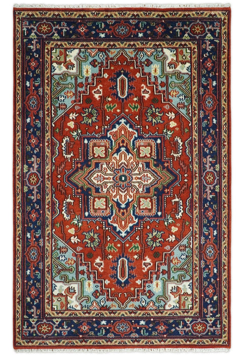 3x5, 5x8 and 8x10 Rust and Blue Hand Knotted Traditional Persian Heriz Serapi Rug | TRDCP190