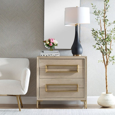 Alessia Accent Chest - light oak veneer with brushed brass hardware and soft closing drawers