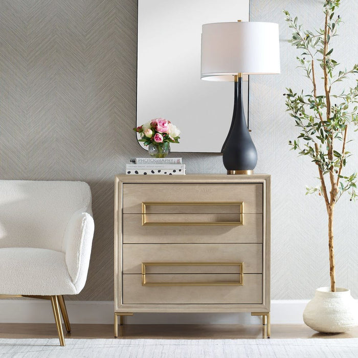 Alessia Accent Chest - light oak veneer with brushed brass hardware and soft closing drawers