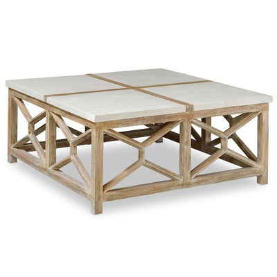 Catali Coffee Table - mixed woods with ivory limestone top