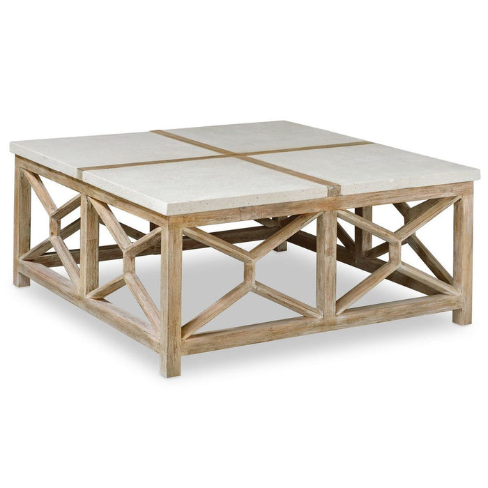 Catali Coffee Table - mixed woods with ivory limestone top