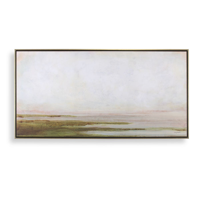 Hazy Lake Framed Canvas - atmospheric landscape with creamy whites and grays in gold gallery frame
