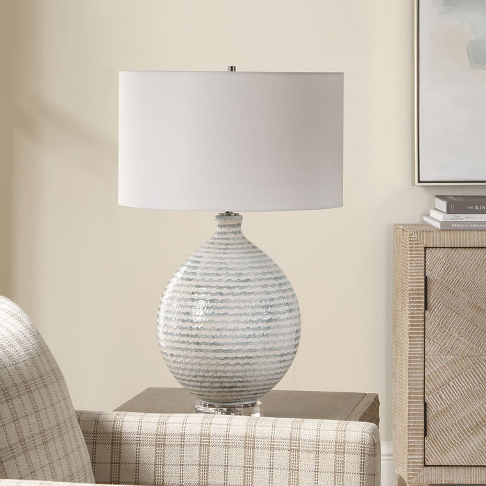 Clary Table Lamp - textured ceramic base in white and gray with crystal foot