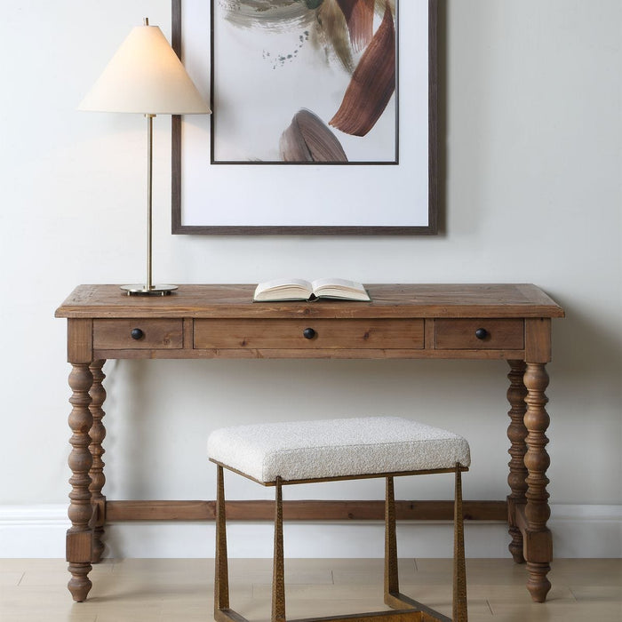 Samuelle Writing Desk - reclaimed fir with sunburst pattern and dark bronze pulls