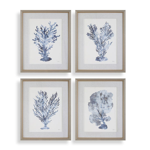 Blue shibori coral framed prints, s/4 - wall art - coastal style