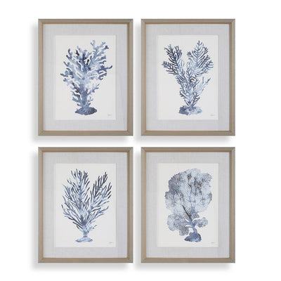 Blue shibori coral framed prints, s/4 - wall art - coastal style