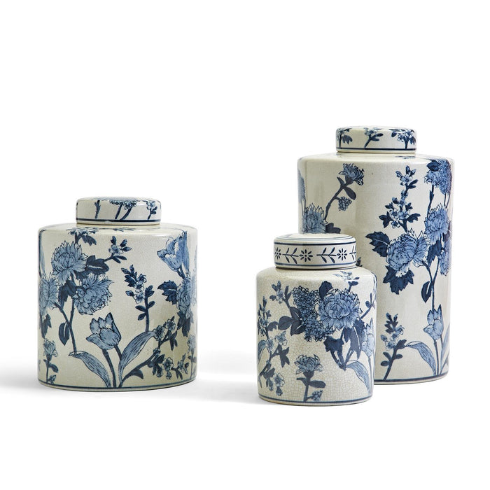 Japanese Blossom Set of 3 Blue and White Decorative Tea Jars with Crackle Finish