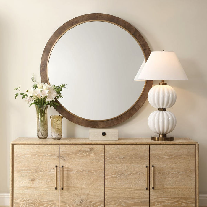 Cleveland Round Mirror - burl veneer frame with antique gold iron inner ledge