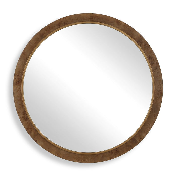Cleveland Round Mirror - burl veneer frame with antique gold iron inner ledge