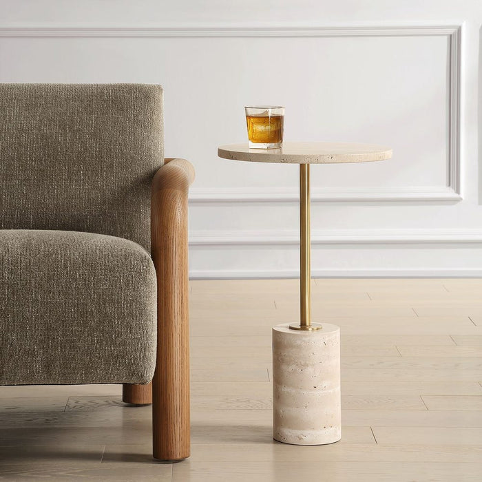 Malya Accent Table - travertine top with brass stem