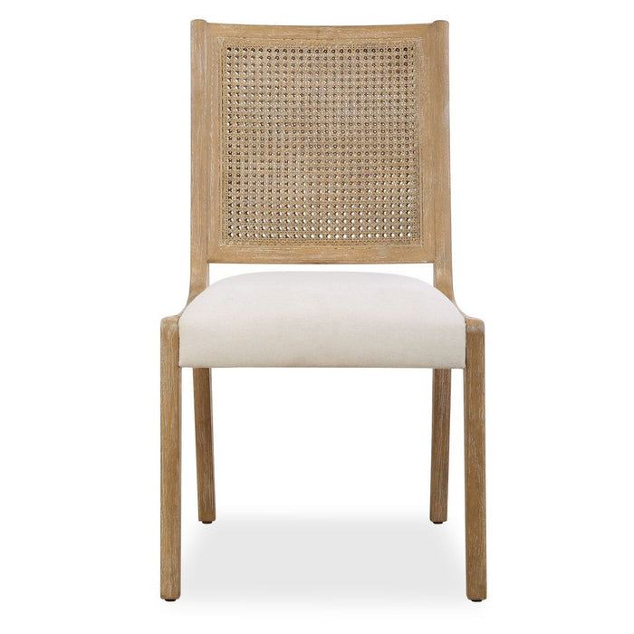 Interweave Dining Chair - light oak wood frame with rattan caned back and frost polyester seat