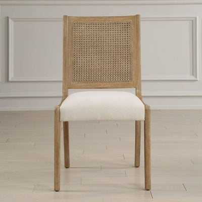Interweave Dining Chair - light oak wood frame with rattan caned back and frost polyester seat