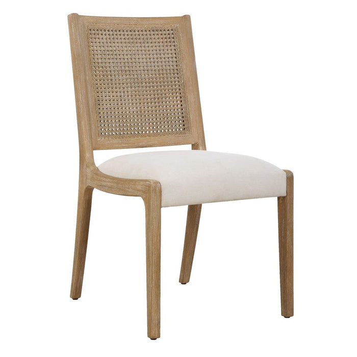 Interweave Dining Chair - light oak wood frame with rattan caned back and frost polyester seat