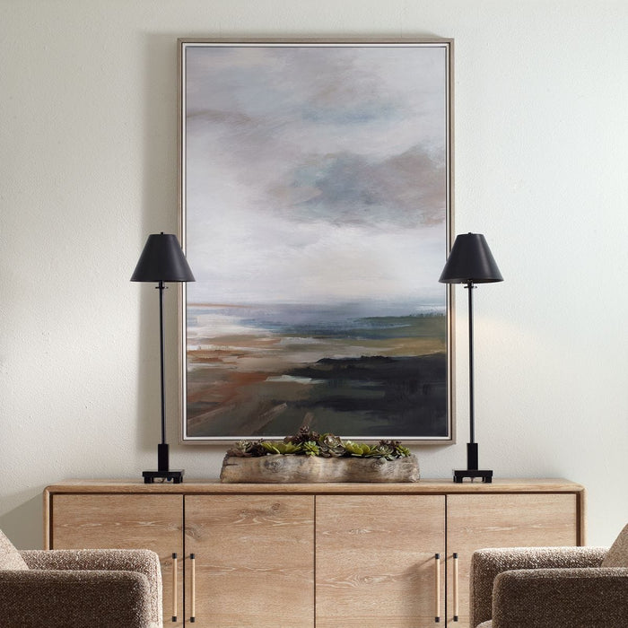 Lowlands Framed Canvas - abstract landscape in grays and blues with double gallery frame