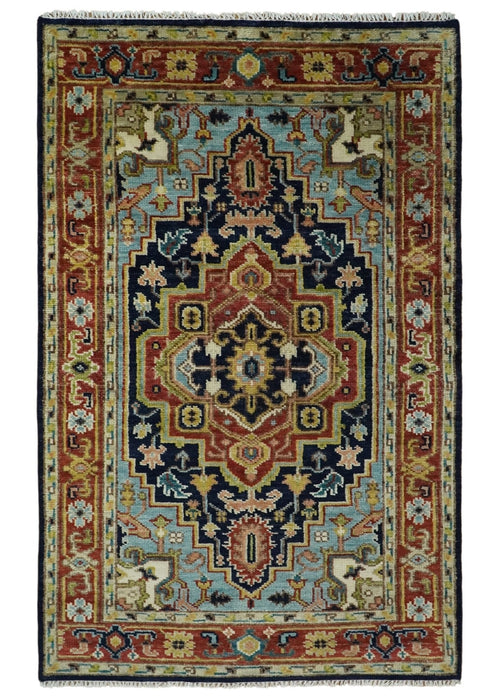 Custom Made Blue and Rust Hand Knotted Wool Antique Style Wool Area Rug