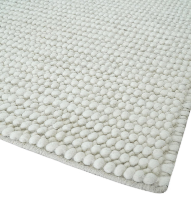 Solid Ivory Chunky Handwoven Contemporary Wool Area Rug