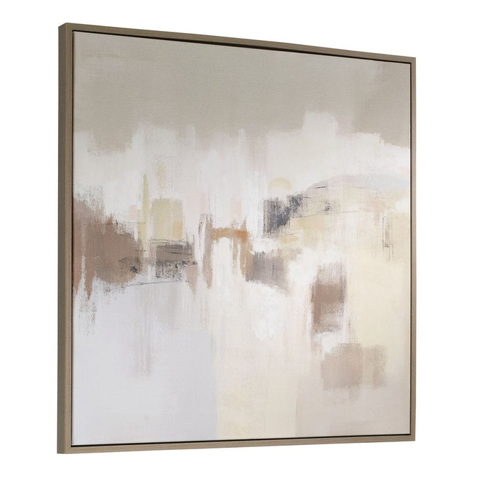 Daybreak Framed Canvas - vertical strokes of beige and brown with light oak gallery frame