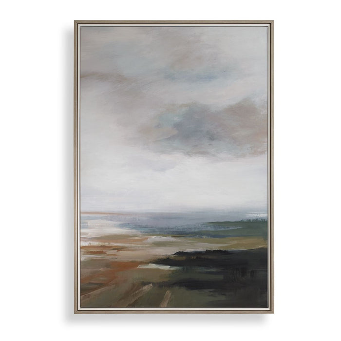 Lowlands Framed Canvas - abstract landscape in grays and blues with double gallery frame
