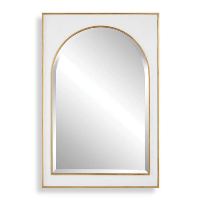 Crisanta Arch - gloss white iron mirror with antiqued gold leaf accents and 1 inch bevel