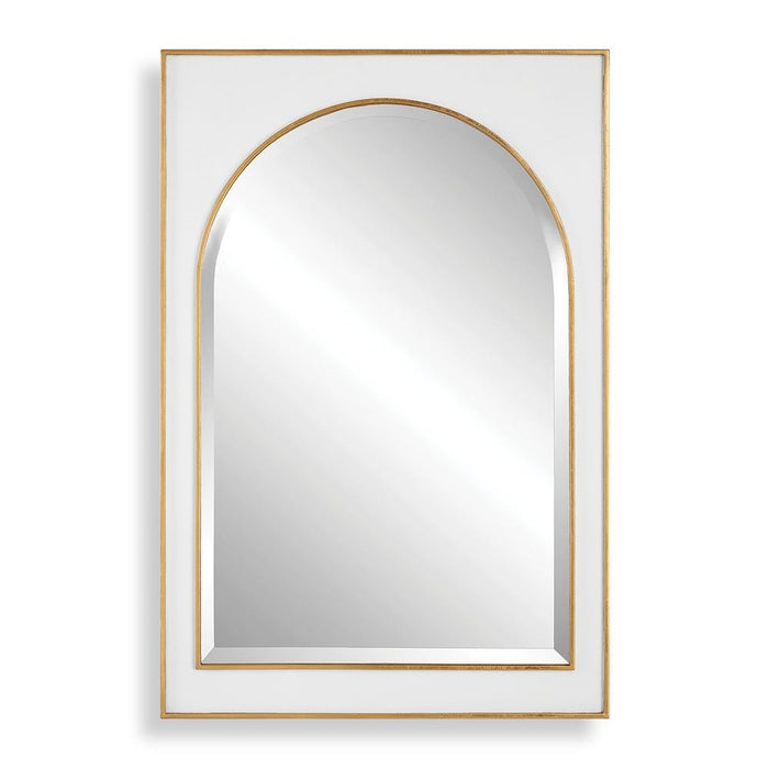 Crisanta Arch - gloss white iron mirror with antiqued gold leaf accents and 1 inch bevel