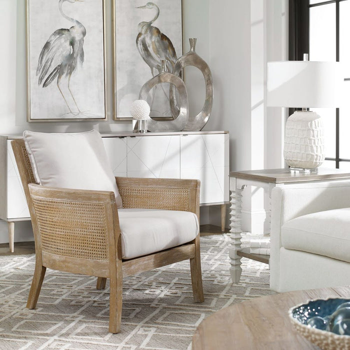 Encore Armchair Natural - bleached sandstone hardwood frame with cane sides and off-white fabric
